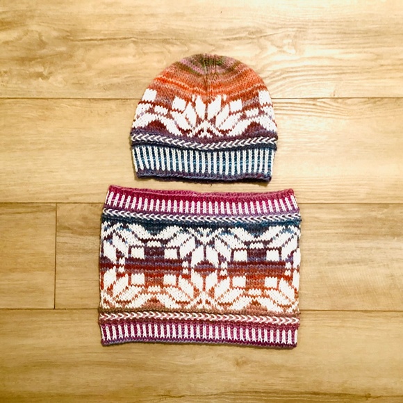 Glow In The Dark Hat Cowl Set Hand knit In USA Fair Isle Cotton Yarn NWT Adult M - Picture 7 of 9